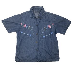 Y2K Jane & Ashley Denim Shirt Petite L Embroidered Arrow Floral Button Down